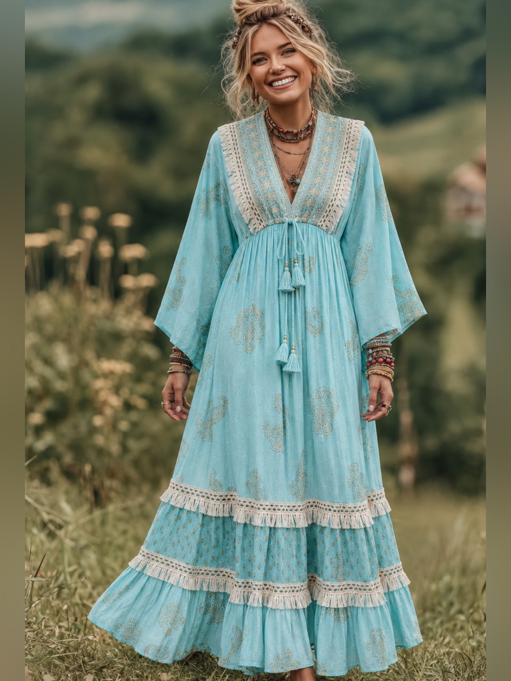 Free People (Zury) Handcrafted Turquoise Embroidered Boho Maxi Caftan Dress OSFA